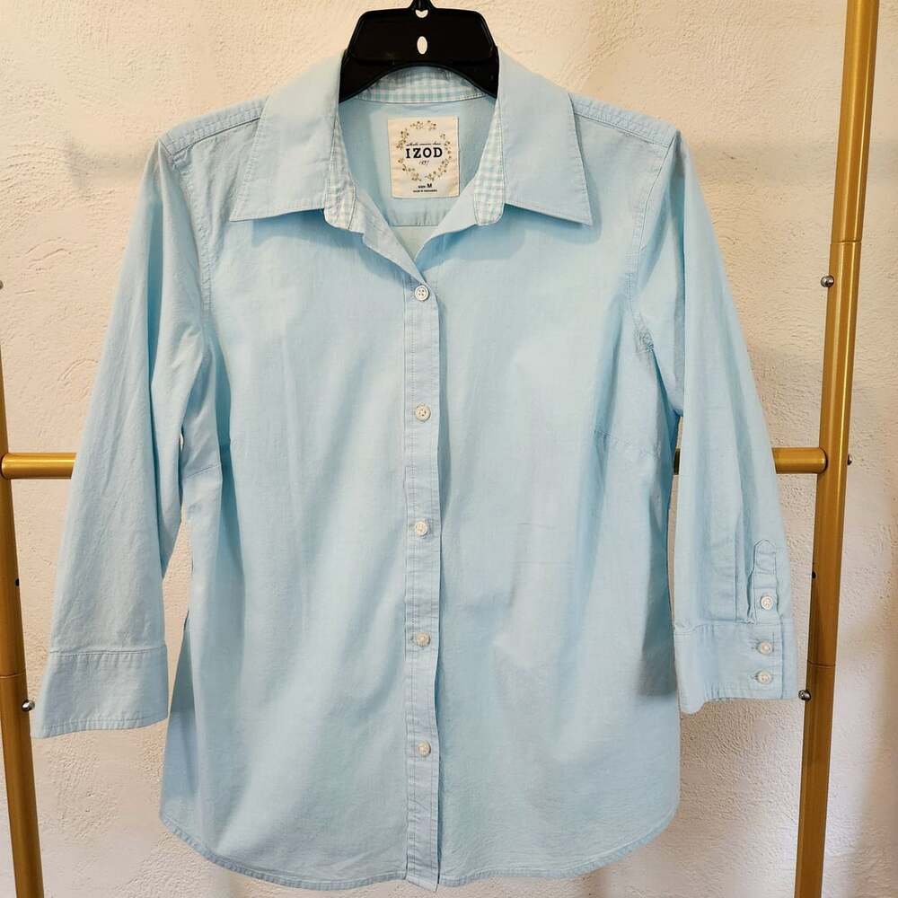 IZOD Button Down Shirt Size M Light Blue Cotton Spandex 3/4 Sleeve